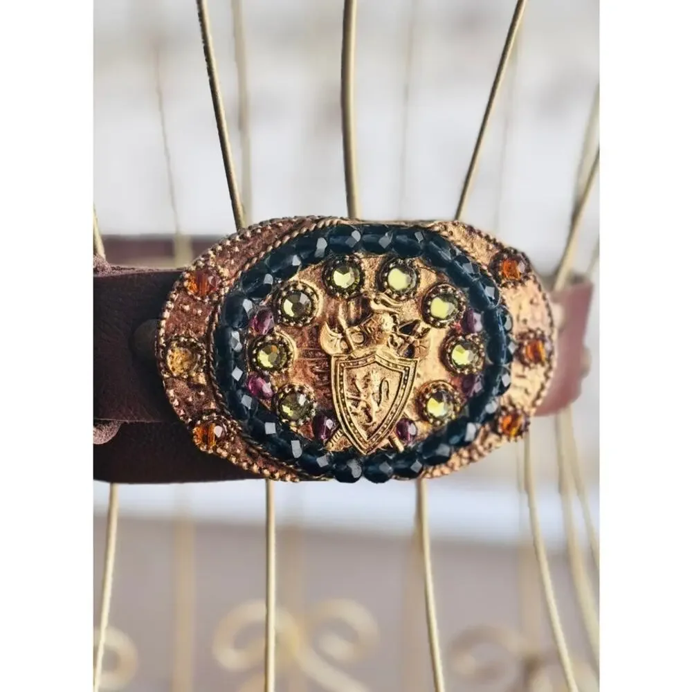 Vintage Brown Leather Jeweled Shield Buckle Belt Size 32